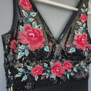 Soieblu Women's Large Stunning Sequined And Embroidered Floral Maxi Black Dress